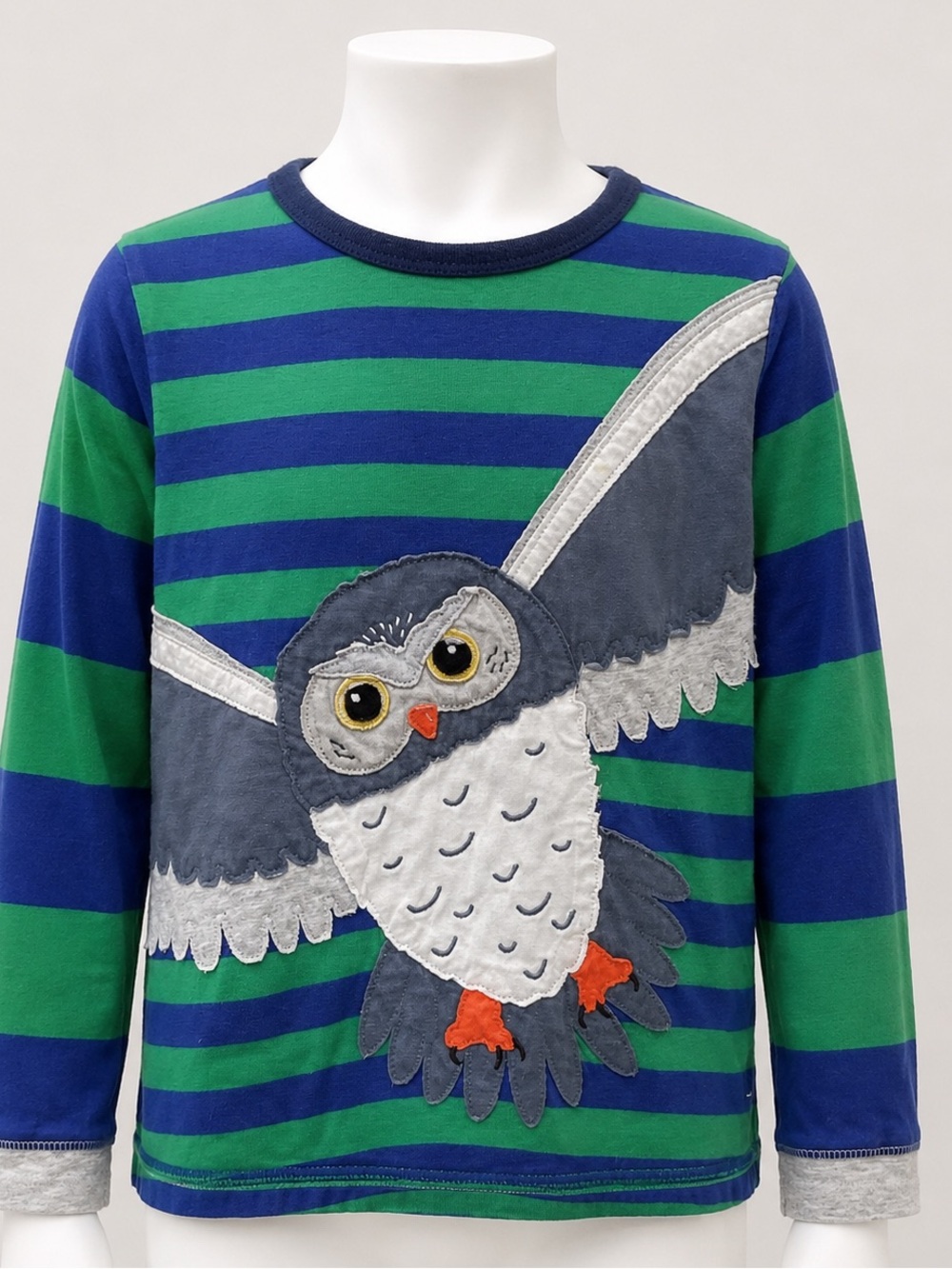 Mini Boden Green and Blue Striped Long-Sleeve Top with Owl Appliqué front n back